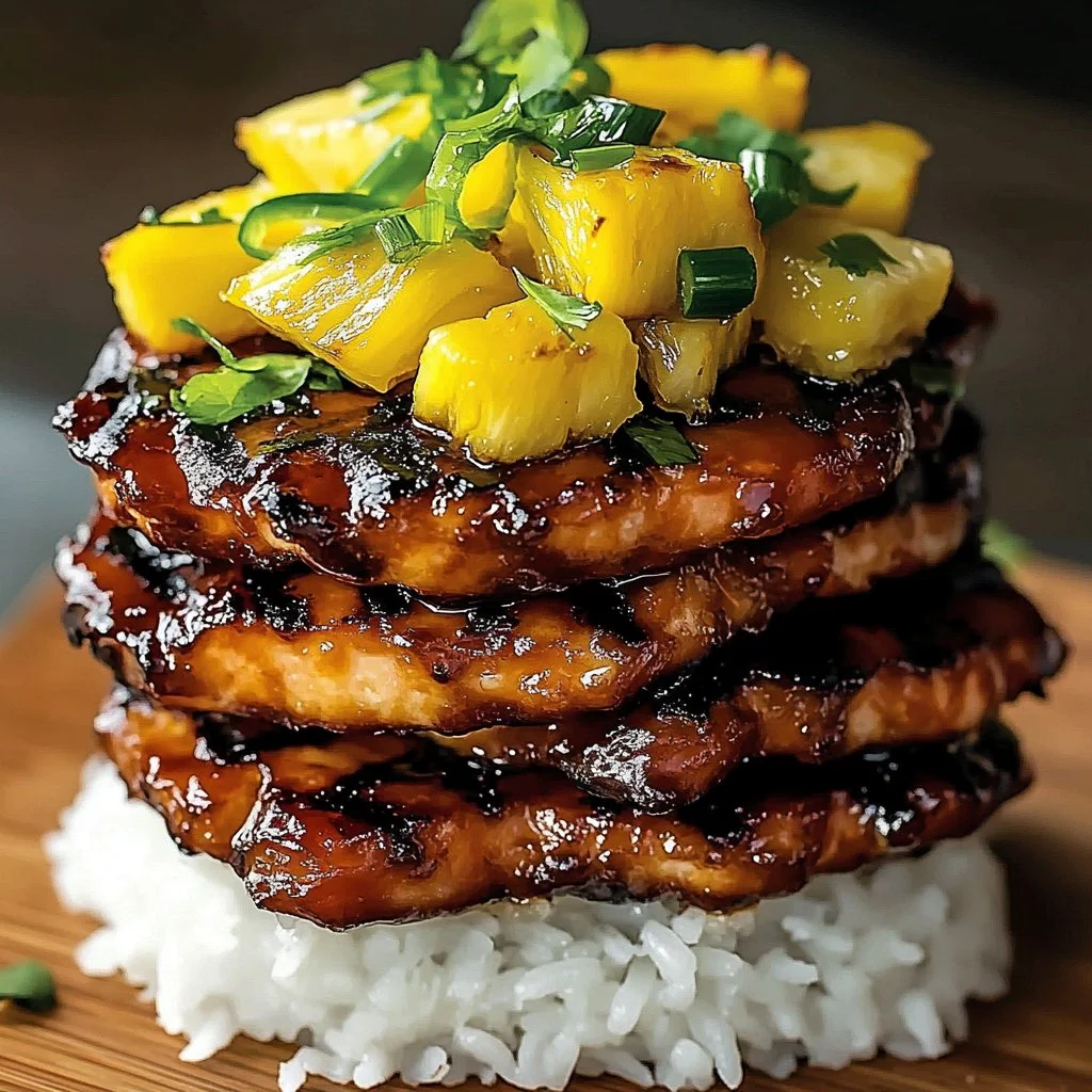 Savory Huli Huli Chicken stack garnished with herbs and served on a plate
