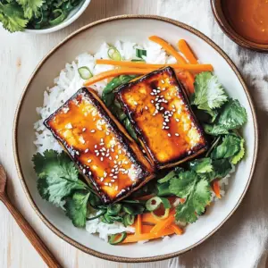 Savory honey-soy tofu with carrot-ginger glaze on a plate