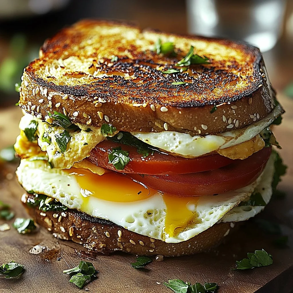Savory Mediterranean breakfast sandwich with fresh ingredients and herbs.