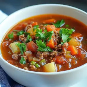 Bowl of savory stuffed pepper soup with fresh herbs and colorful peppers