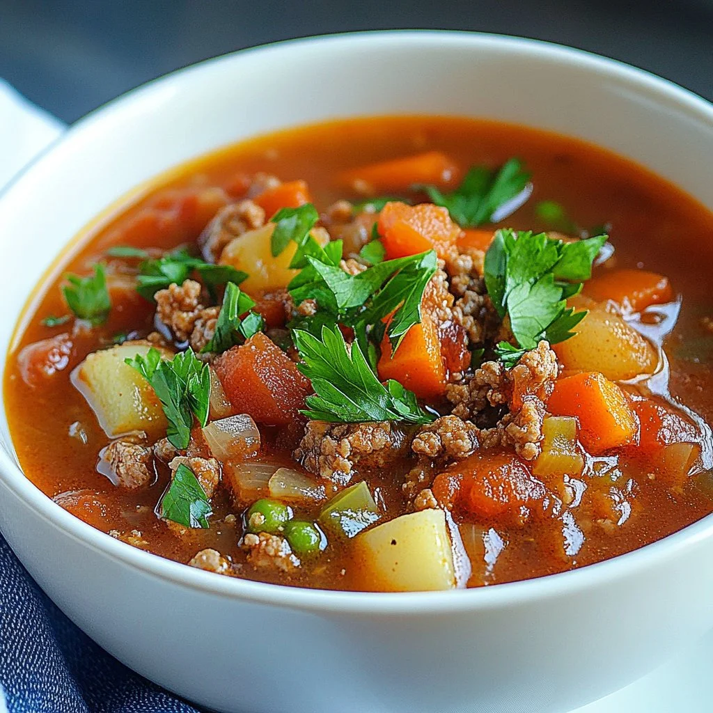 Bowl of savory stuffed pepper soup with fresh herbs and colorful peppers