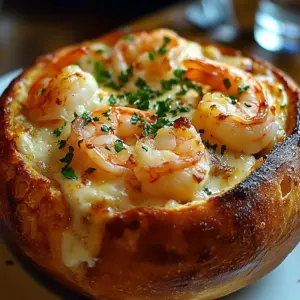 Delicious seafood stuffed bread bowl filled with shrimp and crab