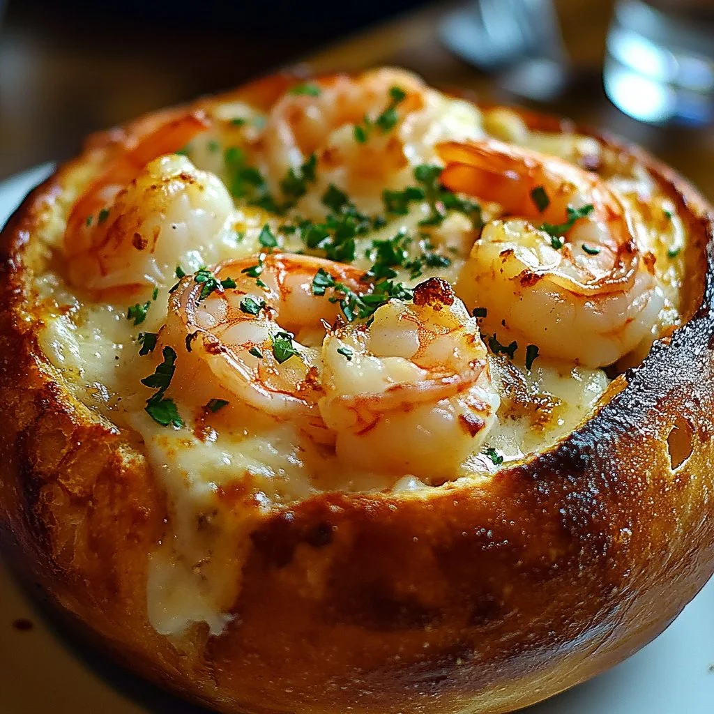 Delicious seafood stuffed bread bowl filled with shrimp and crab