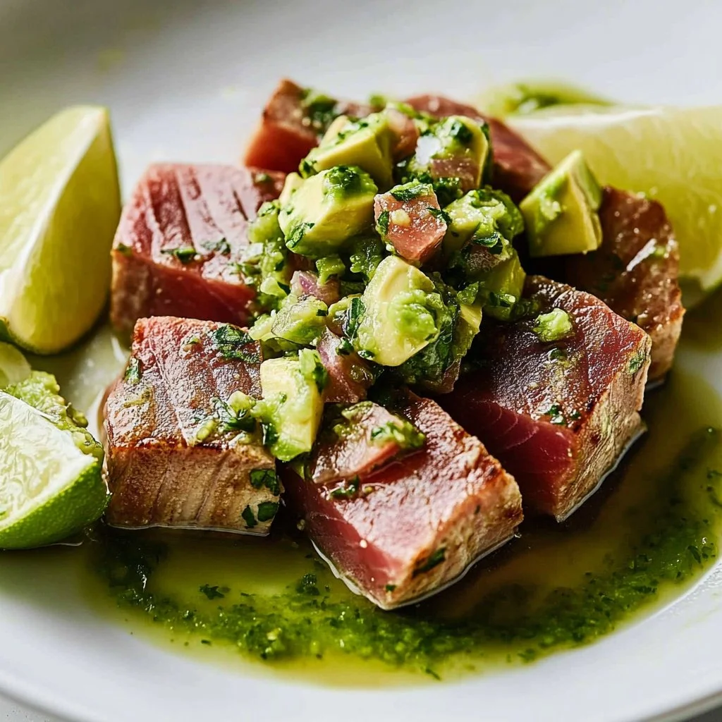 Delicious seared tuna topped with avocado green salsa on a plate