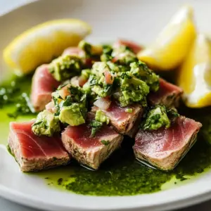 Seared tuna steak served with vibrant avocado salsa verde