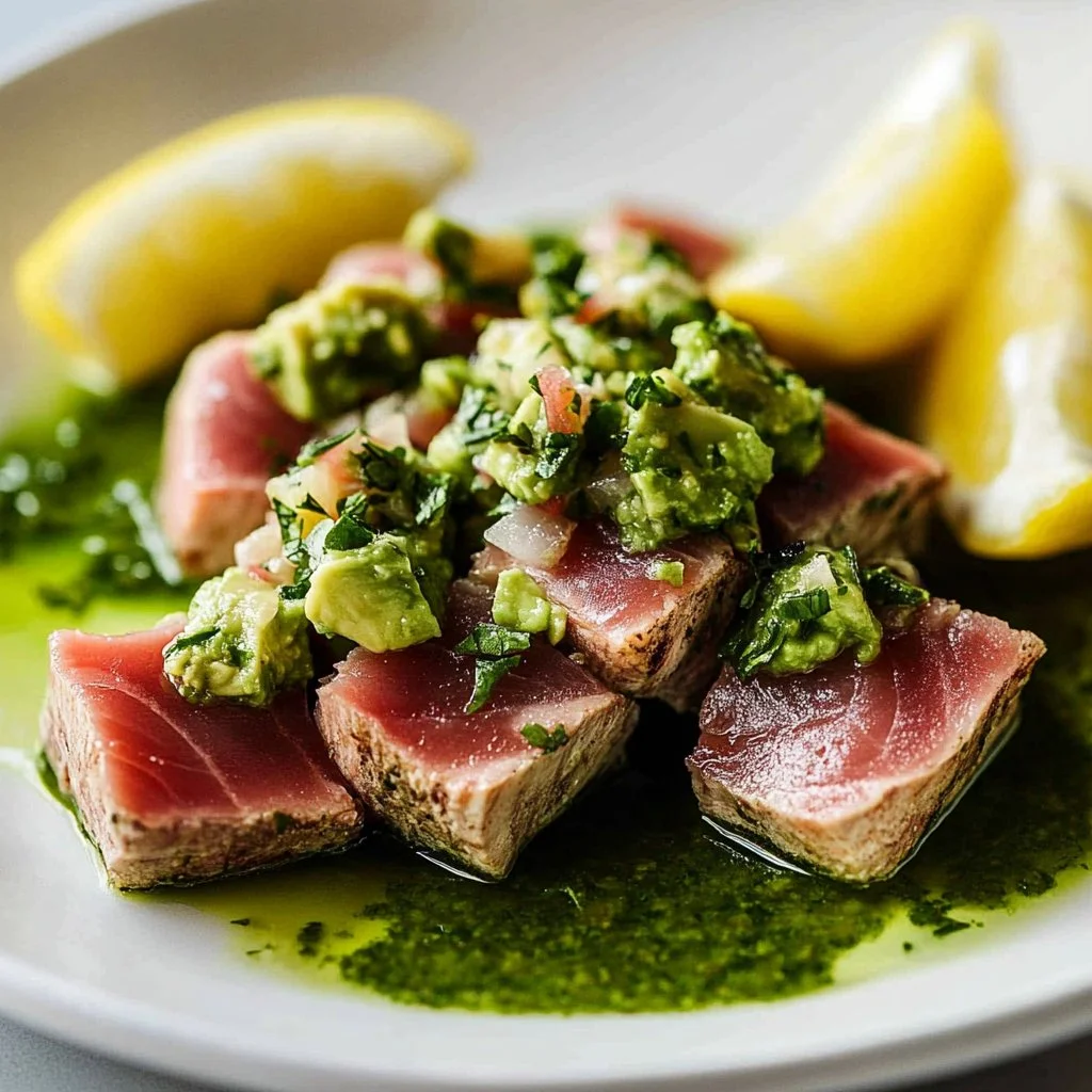 Seared tuna steak served with vibrant avocado salsa verde