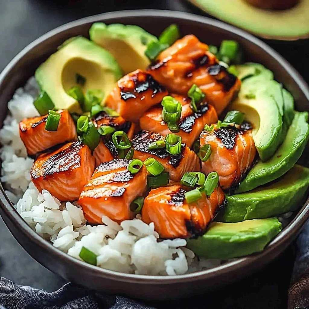 Sesame Salmon Rice Bowls with vibrant vegetables and sesame dressing