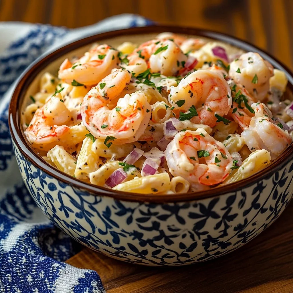 Fresh shrimp pasta salad with colorful veggies and dressing