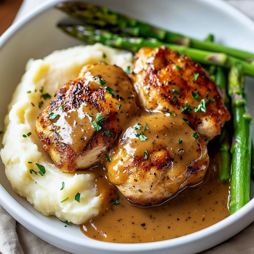 Creamy silky garlic chicken dish garnished with fresh herbs.