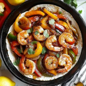 Sizzling shrimp fajitas with colorful peppers and onions on a sizzling skillet