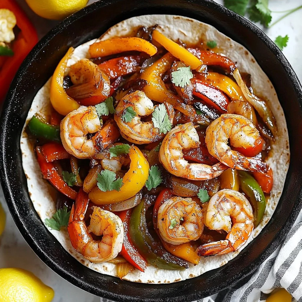 Sizzling shrimp fajitas with colorful peppers and onions on a sizzling skillet