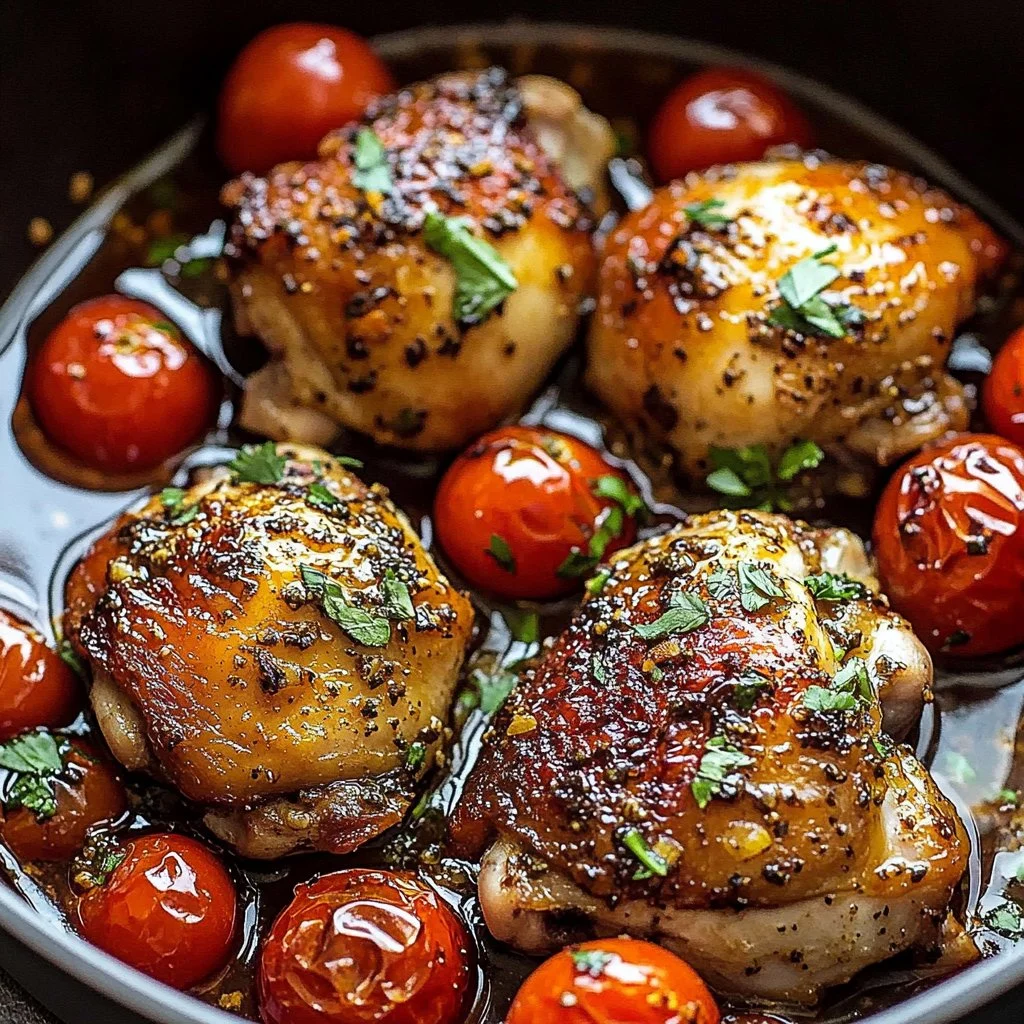 Skillet Zaatar Chicken Thighs with Cherry Tomatoes in a pan