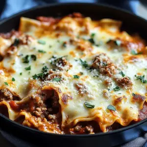 Delicious skillet lasagna topped with melted cheese in a cast iron pan