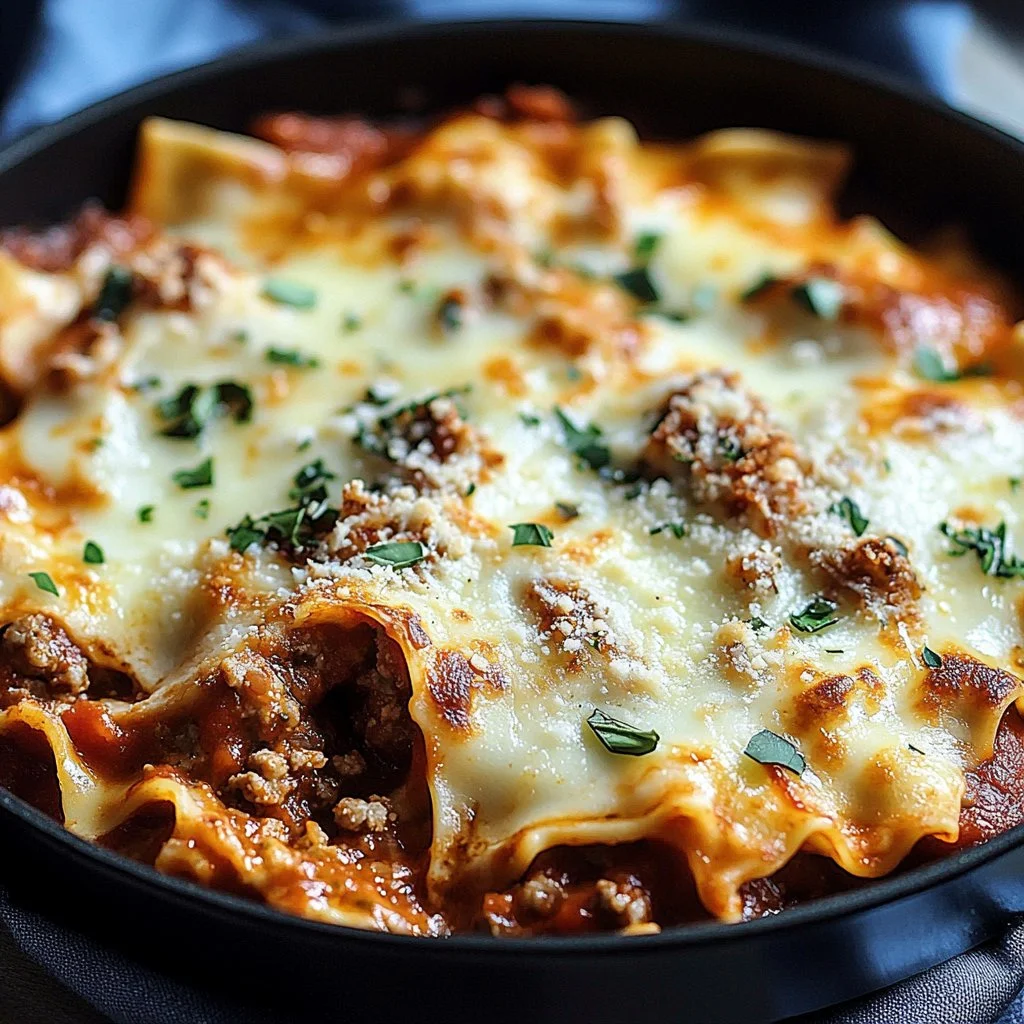 Delicious skillet lasagna topped with melted cheese in a cast iron pan
