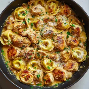 Skillet Spicy Garlic Butter Chicken Tortellini served in a vibrant dish.