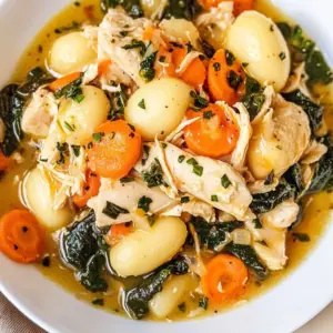 Bowl of Slow Cooker Chicken Gnocchi Soup with herbs and vegetables