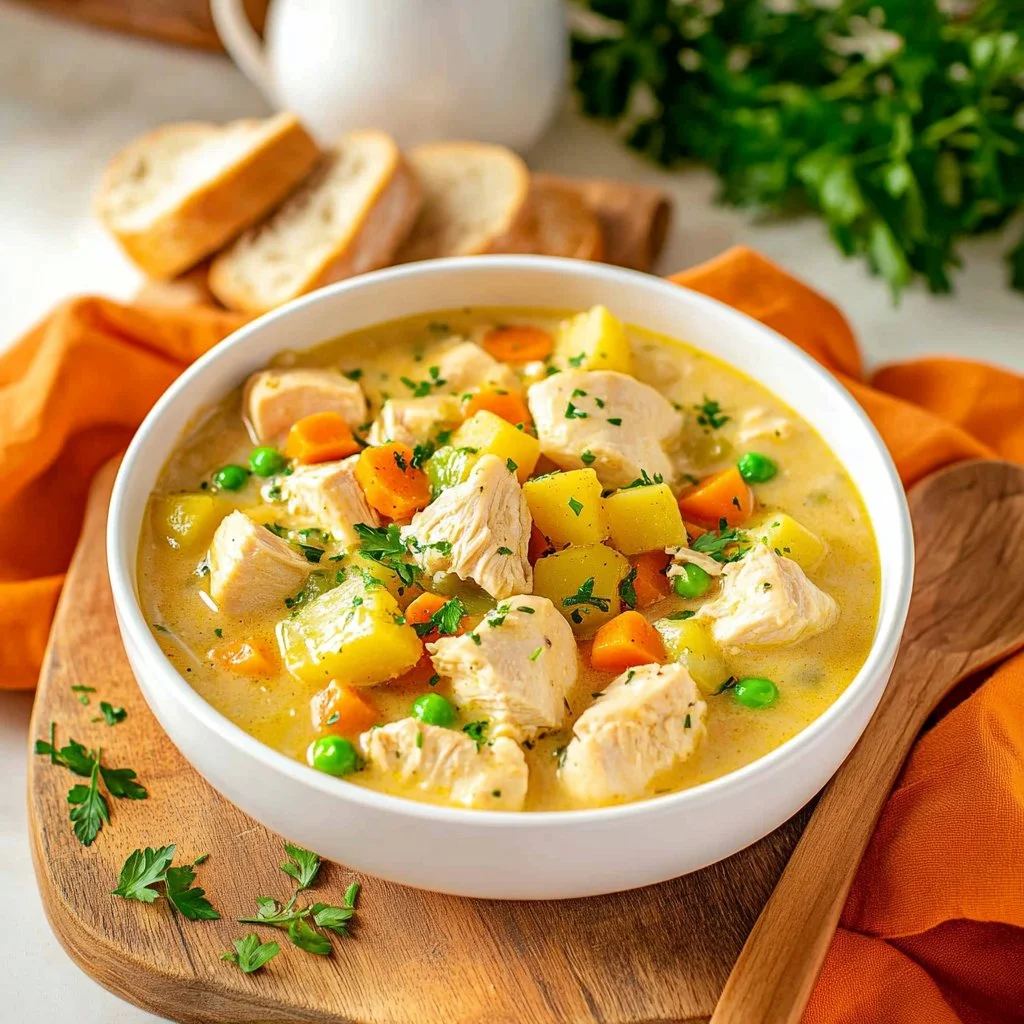 Delicious slow cooker chicken stew with vegetables in a bowl