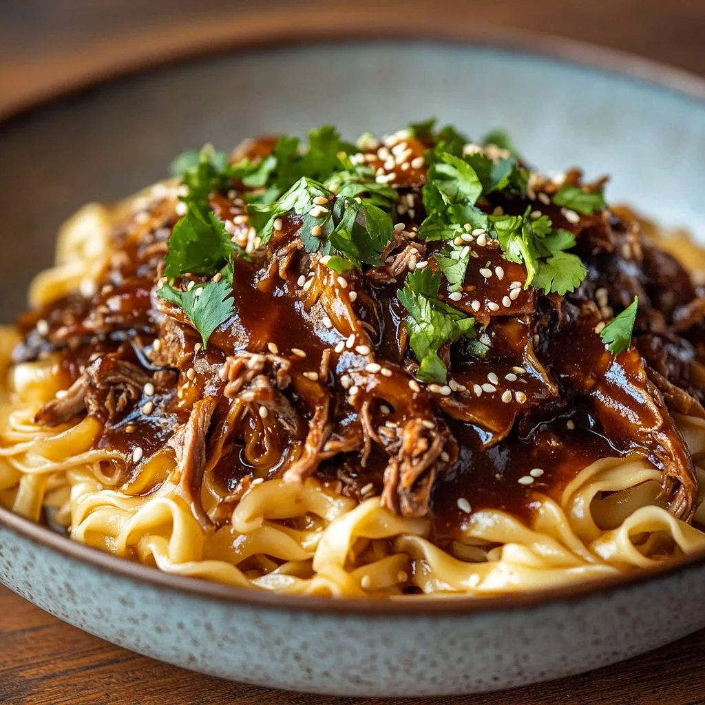 Delicious bowl of Slow Cooker Korean Beef Noodles topped with fresh herbs and spices