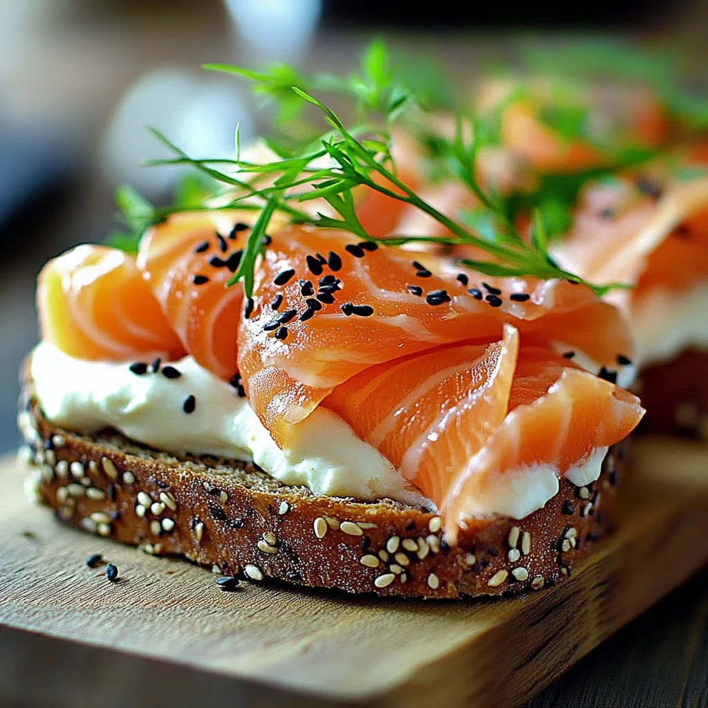 Delicious smoked salmon cream cheese sandwich with fresh ingredients