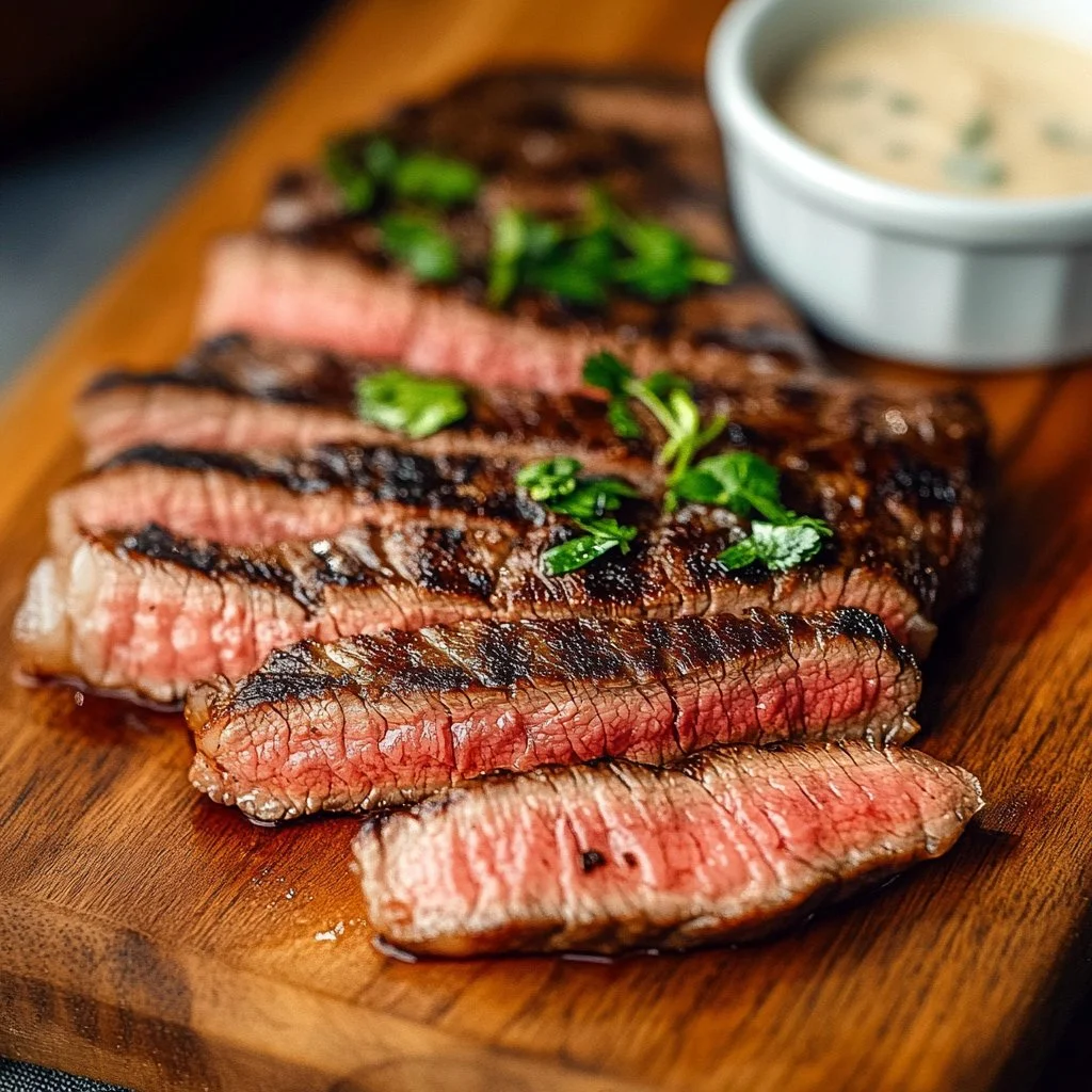 Smoky chipotle garlic guajillo steak served on a plate with garnishes.