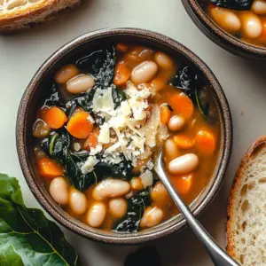 Bowl of soul-warming white bean soup with fresh herbs and bread
