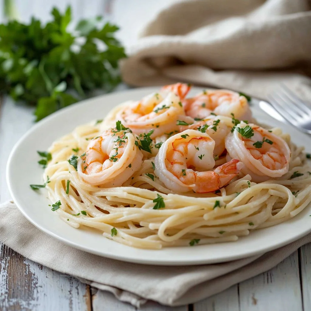 Delicious shrimp alfredo served in a creamy sauce with pasta