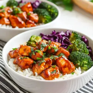 Delicious spicy honey chicken rice bowl showcasing vibrant colors and textures.