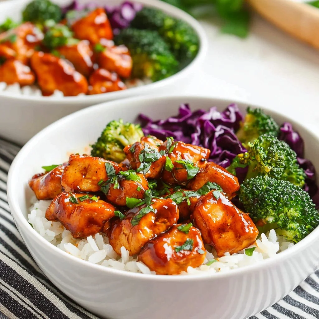 Delicious spicy honey chicken rice bowl showcasing vibrant colors and textures.