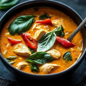 Spicy Thai red chicken curry garnished with fresh herbs and chili