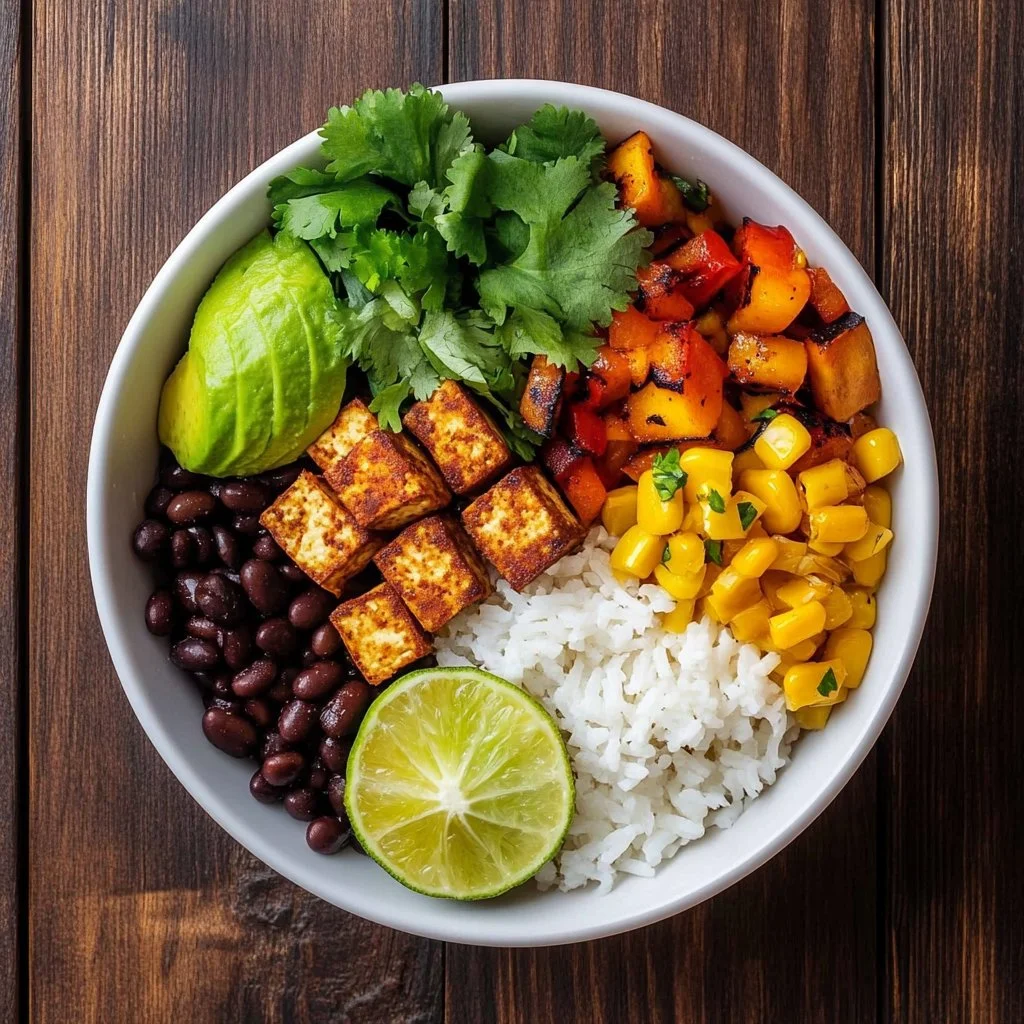 Spicy Tofu Burrito Bowl with fresh ingredients and vibrant colors