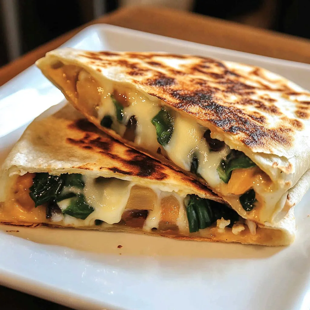 Spinach feta quesadillas served with artichoke dip on a plate