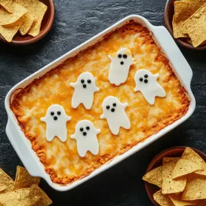 Spooky Buffalo Chicken Dip served in a creatively decorated Halloween dish