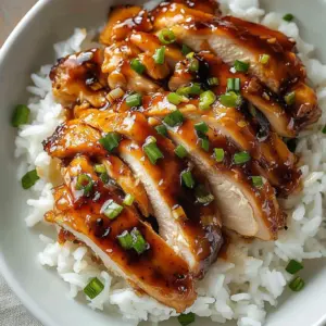 Plate of sticky honey garlic chicken garnished with green onions