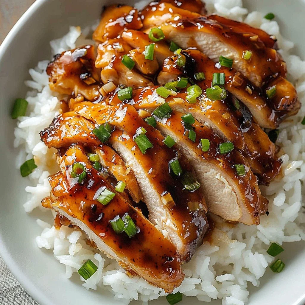 Plate of sticky honey garlic chicken garnished with green onions
