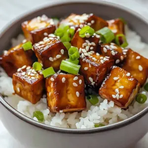 Delicious sticky honey garlic tofu served with vegetables on a plate.