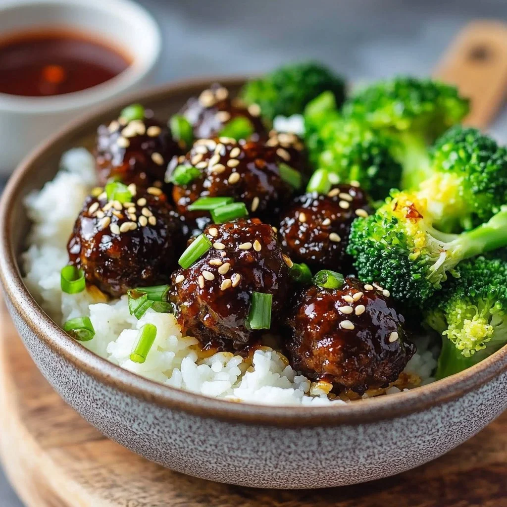Plate of sticky Mongolian meatballs garnished with green onions.