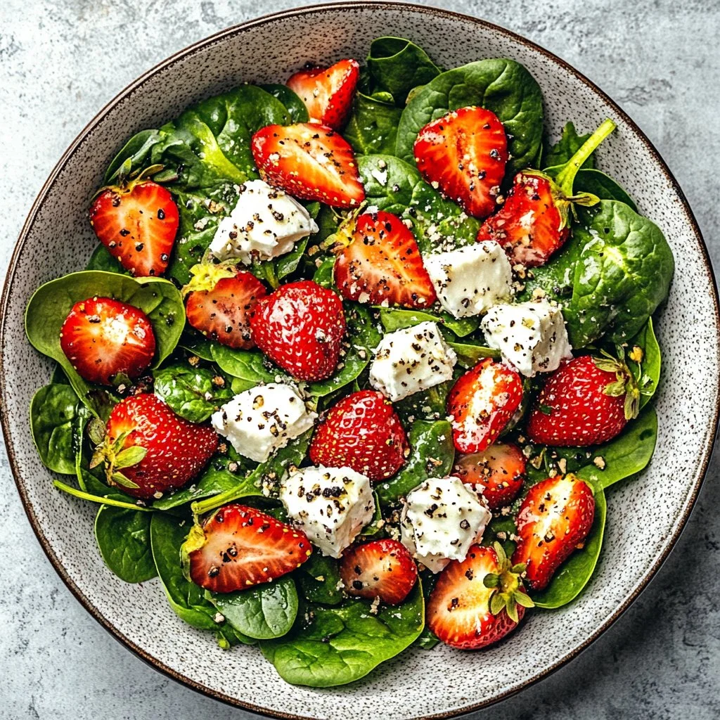A vibrant strawberry spinach salad topped with nuts and dressing on a plate.