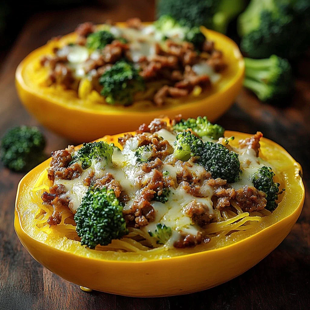 Stuffed spaghetti squash with broccoli and cheese on a plate
