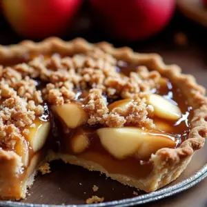Sweet Caramel Apple Crumble Pie with a golden crumble topping and caramel drizzle