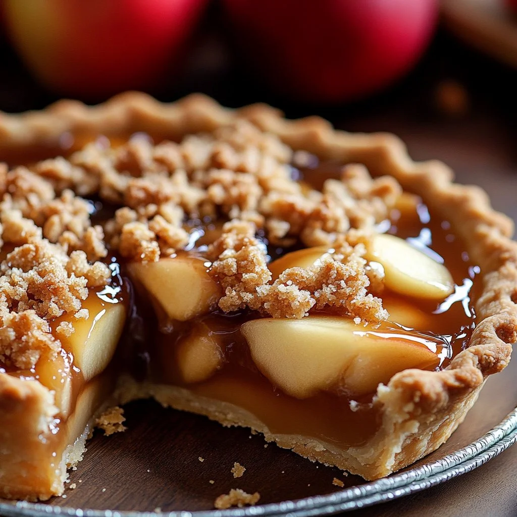 Sweet Caramel Apple Crumble Pie with a golden crumble topping and caramel drizzle