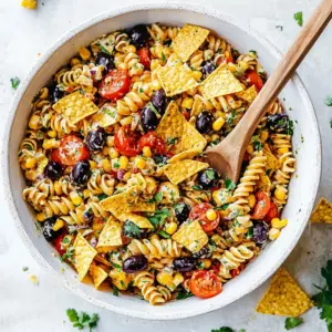 Colorful Taco Pasta Salad Fiesta served in a bowl with toppings.