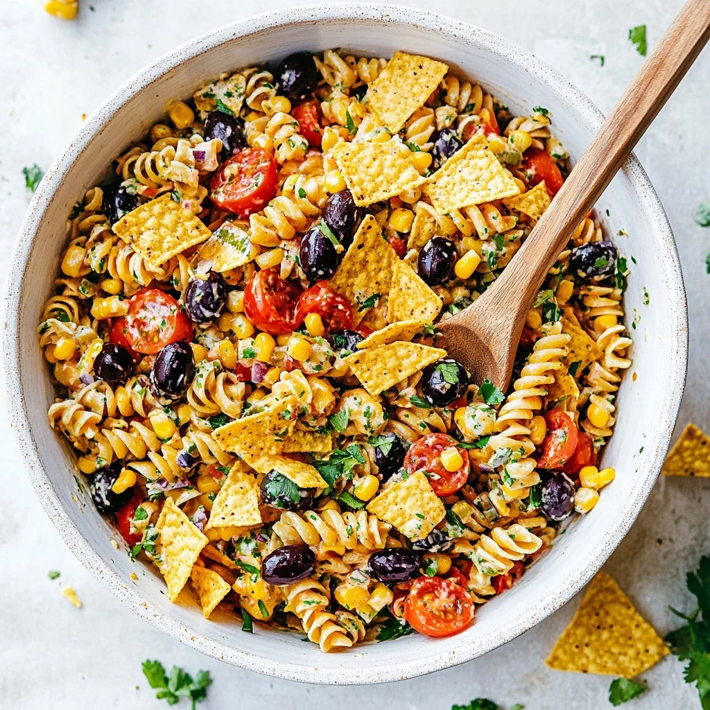 Colorful Taco Pasta Salad Fiesta served in a bowl with toppings.