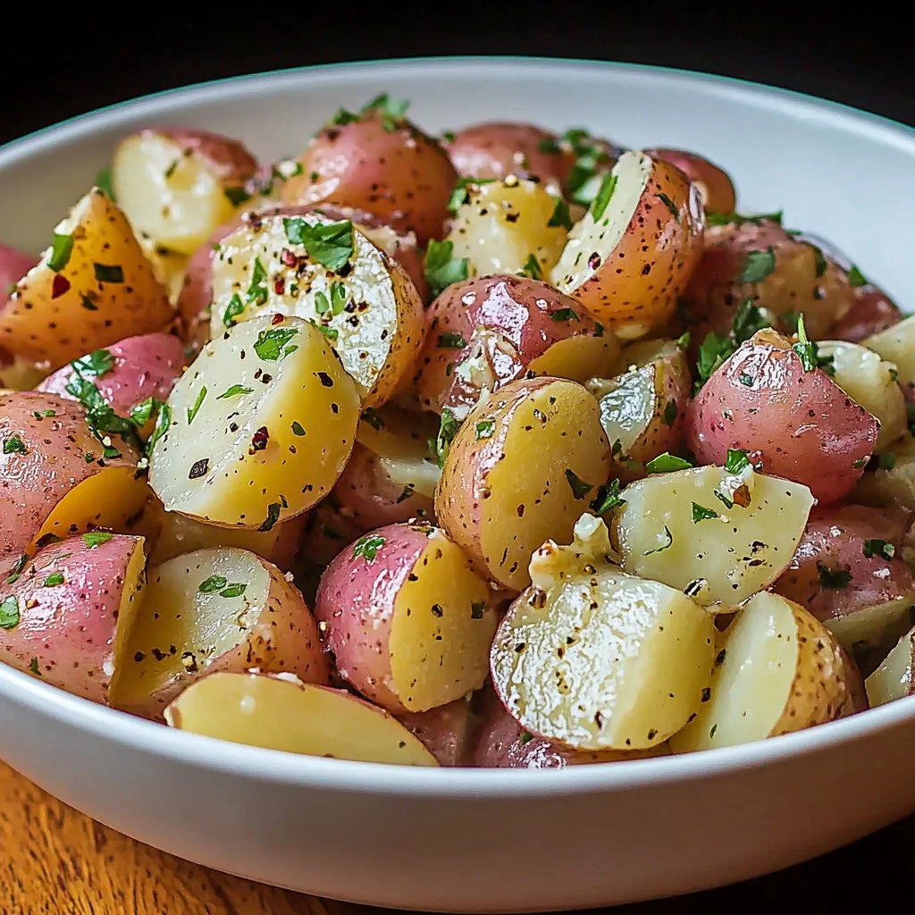 Tangy salt and vinegar potato salad in a serving bowl