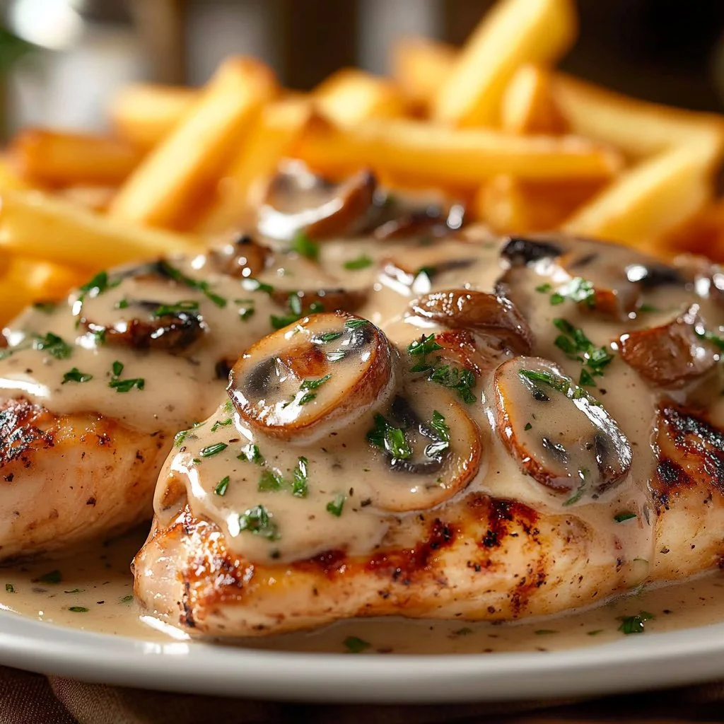 Texas Roadhouse Smothered Chicken served with cream sauce and toppings