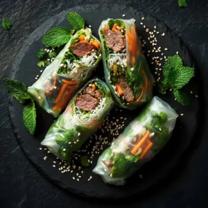 Delicious Thai Basil Beef Rolls served with fresh herbs and spices.