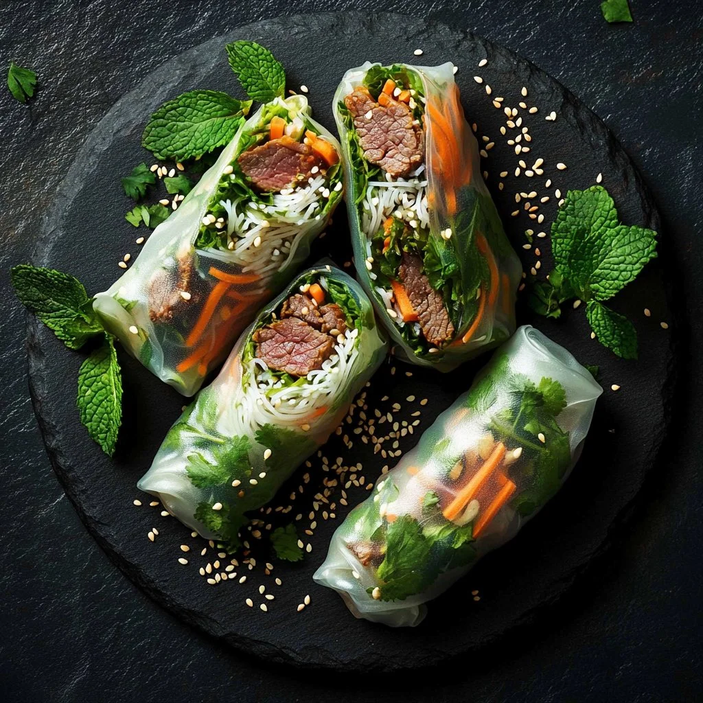 Delicious Thai Basil Beef Rolls served with fresh herbs and spices.