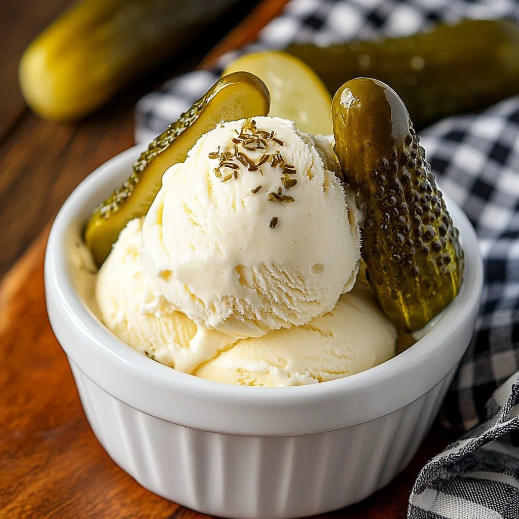 Delicious pickle ice cream cone highlighting the unique flavor combination.
