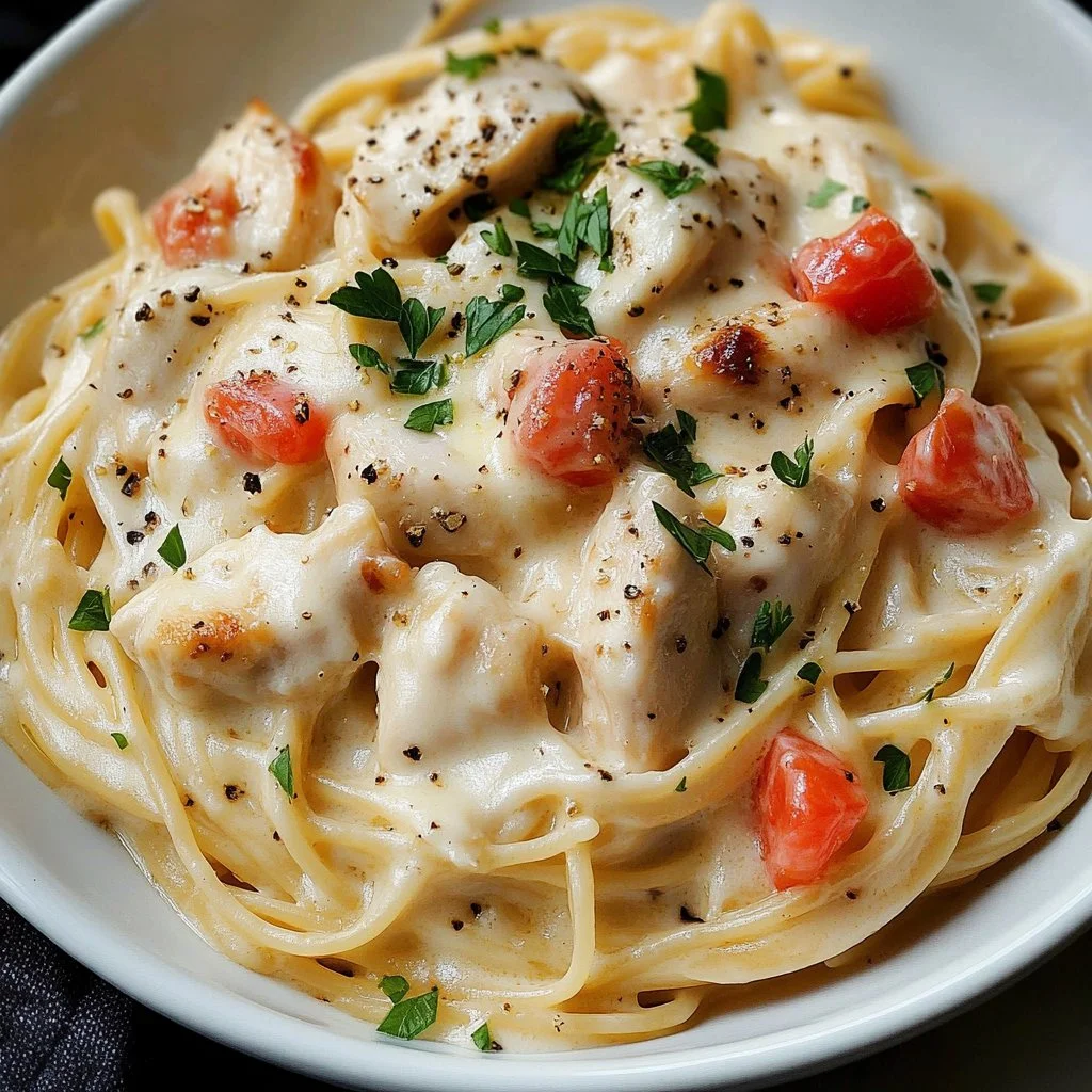 Delicious chicken spaghetti served with herbs and parmesan cheese