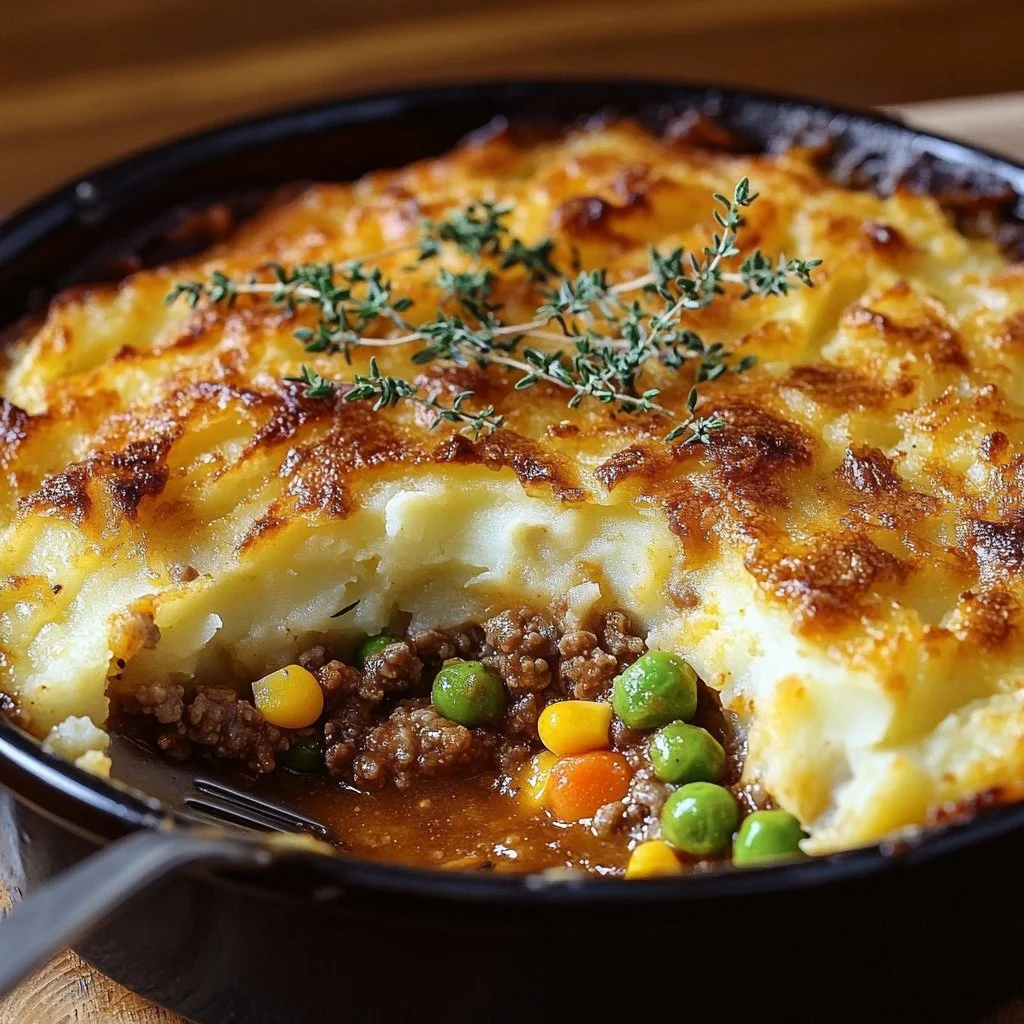 A delicious serving of traditional Shepherd's Pie with potatoes and ground meat.