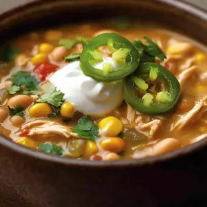Delicious bowl of ultimate cream cheese white chicken chili topped with cilantro